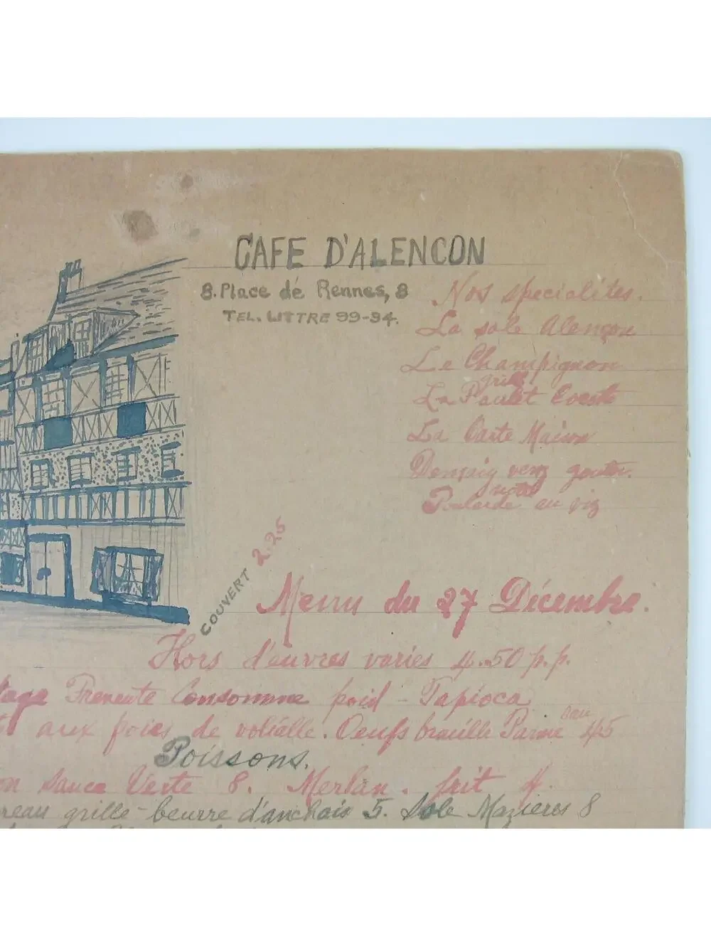 Antique 1920s Menu Cafe D'Alencon Montparnasse Paris France Wine Prices Handmade